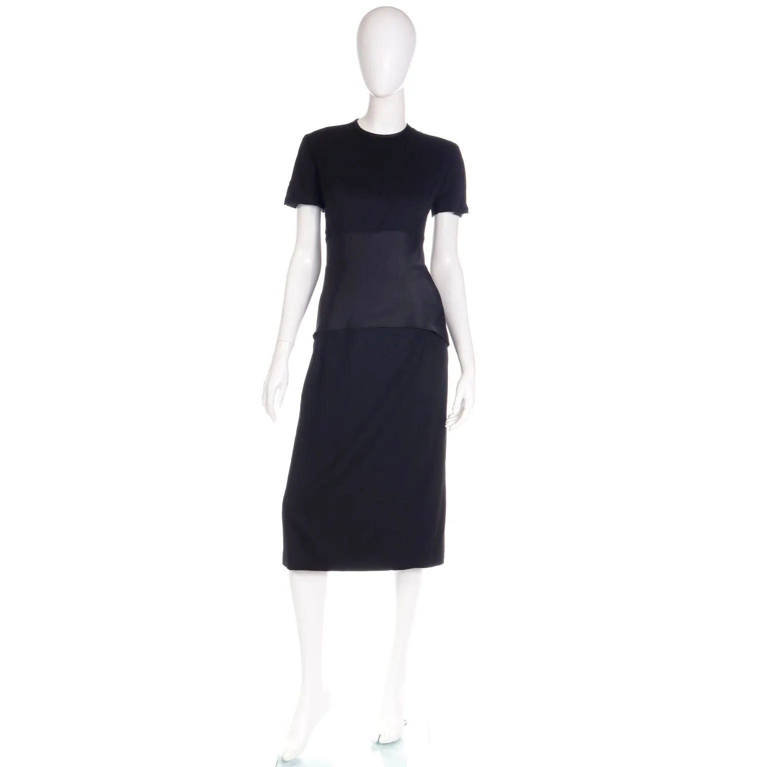 1950s Black Wool Evening Dress w/ Double Faced Satin Peplum