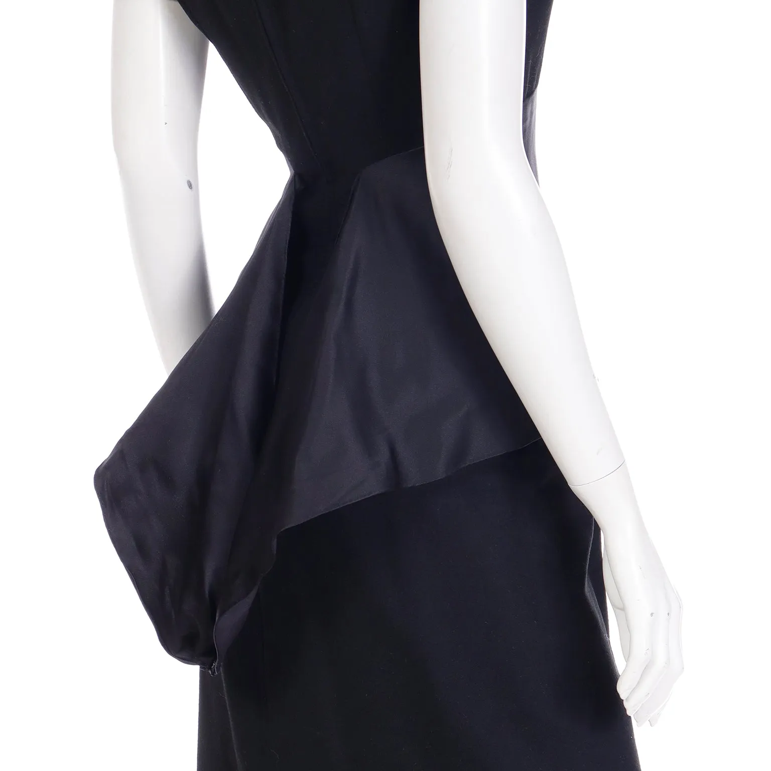 1950s Black Wool Evening Dress w/ Double Faced Satin Peplum