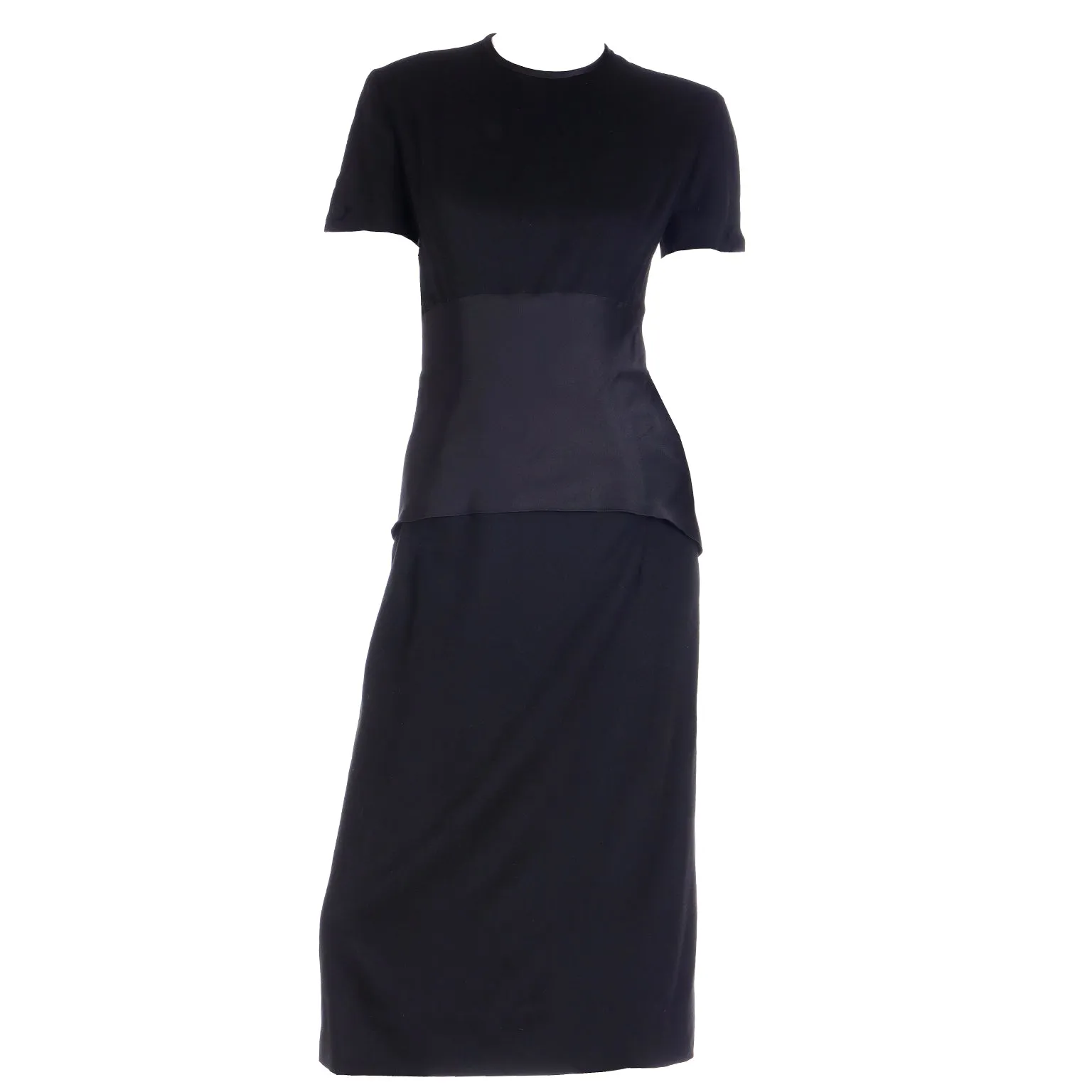 1950s Black Wool Evening Dress w/ Double Faced Satin Peplum
