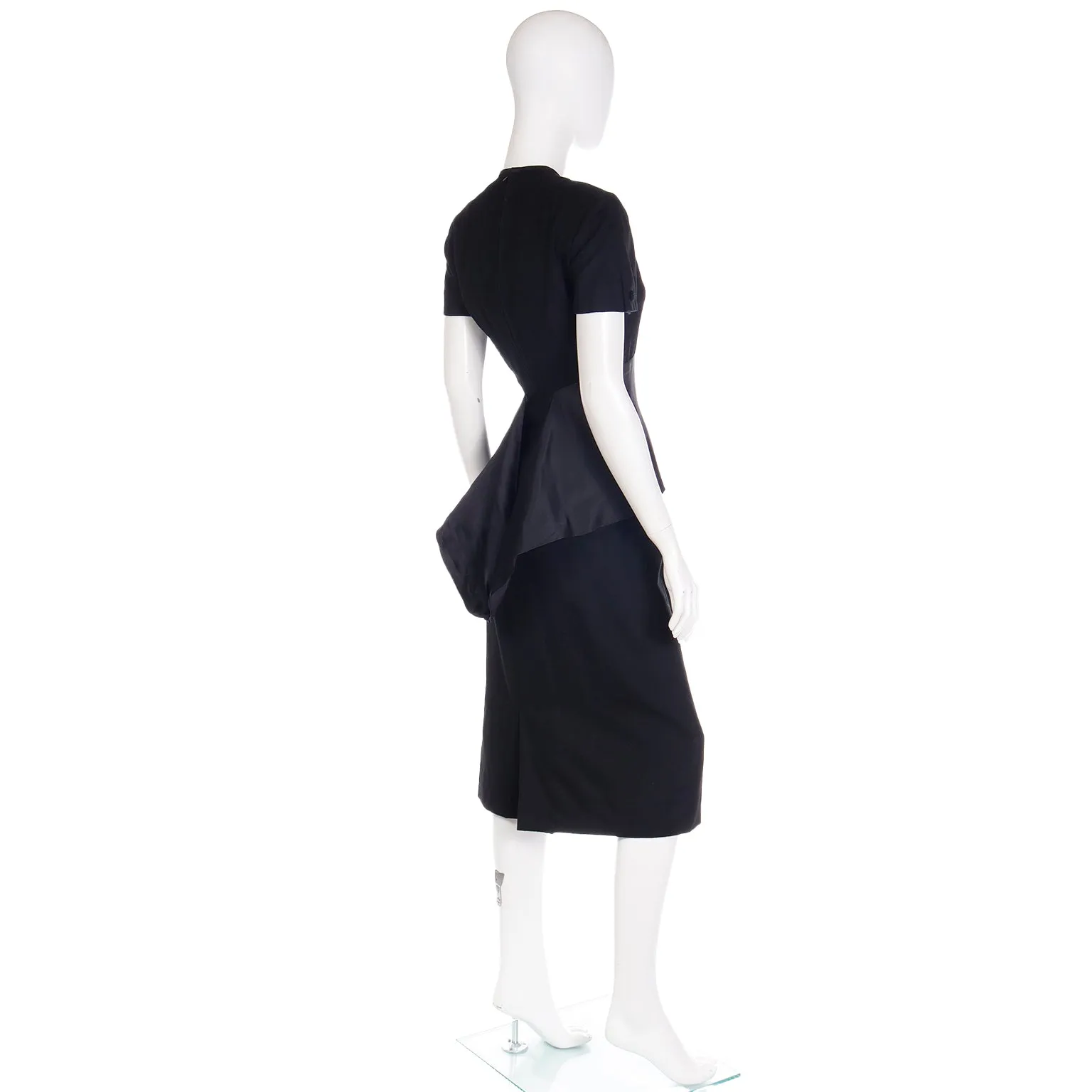1950s Black Wool Evening Dress w/ Double Faced Satin Peplum