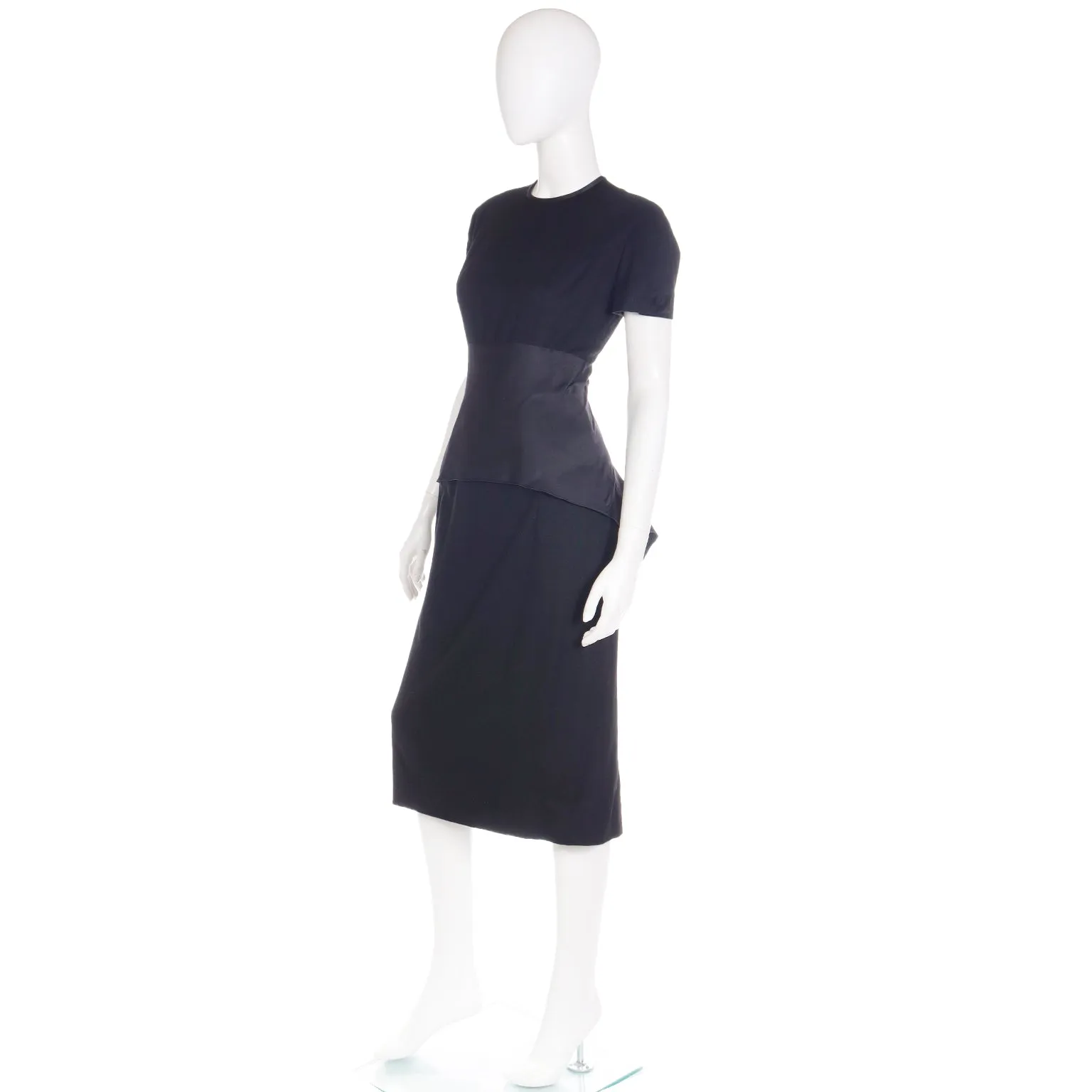 1950s Black Wool Evening Dress w/ Double Faced Satin Peplum