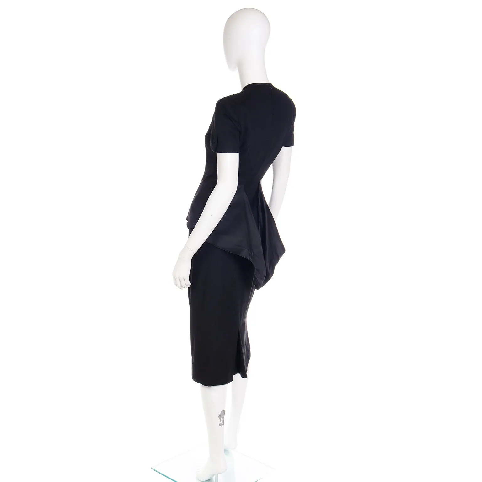 1950s Black Wool Evening Dress w/ Double Faced Satin Peplum
