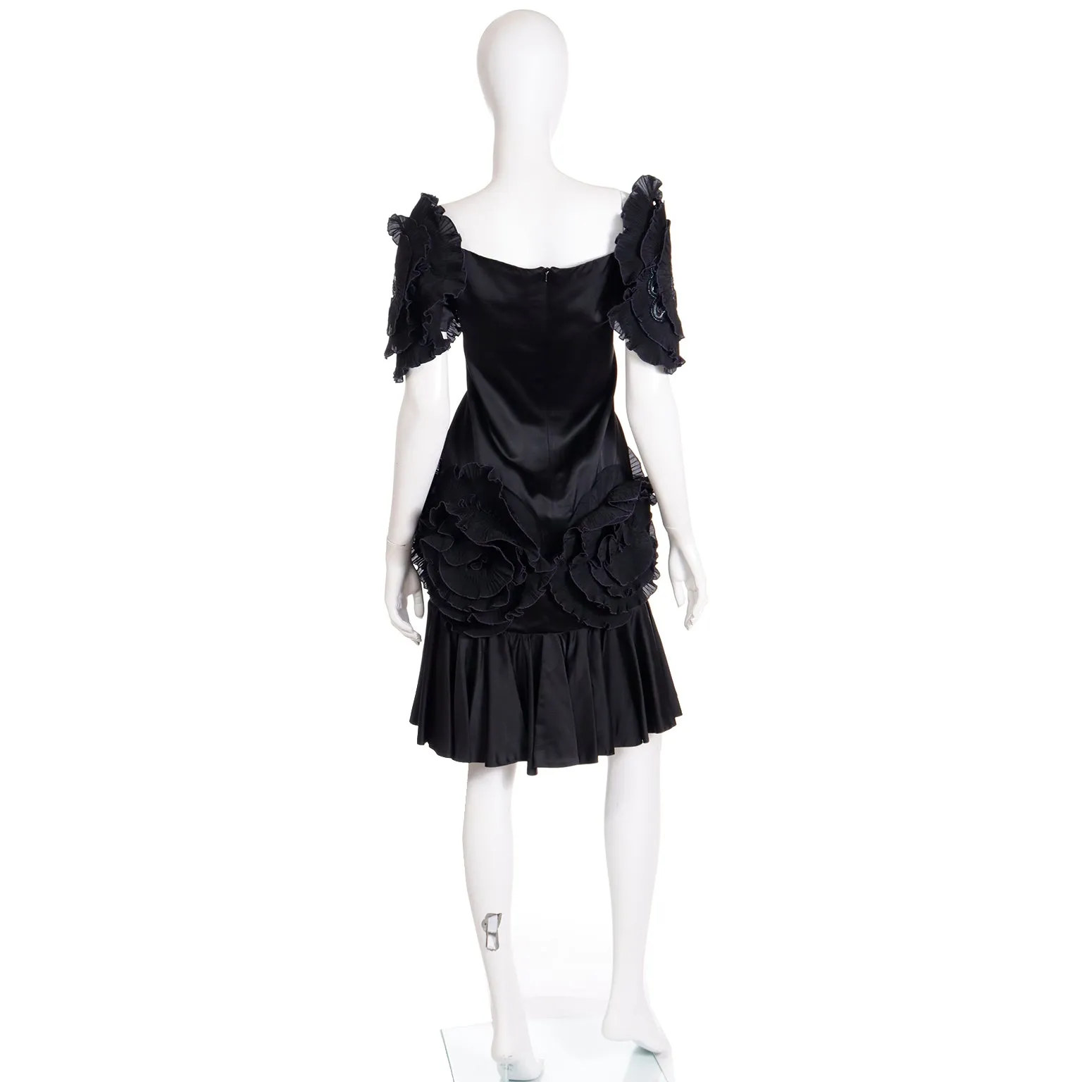 1980s Zandra Rhodes London Vintage Black Silk Blend Evening Dress