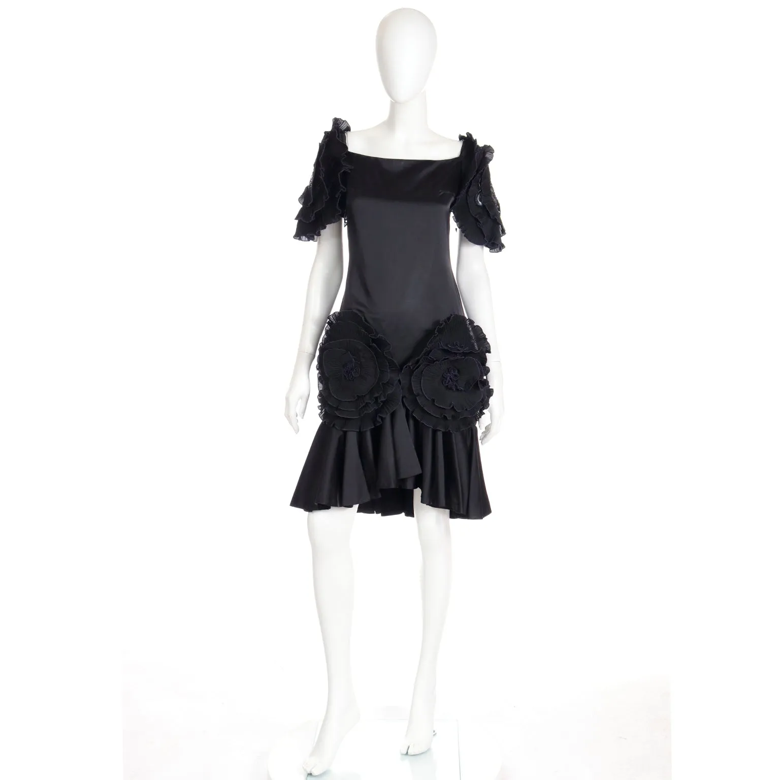 1980s Zandra Rhodes London Vintage Black Silk Blend Evening Dress
