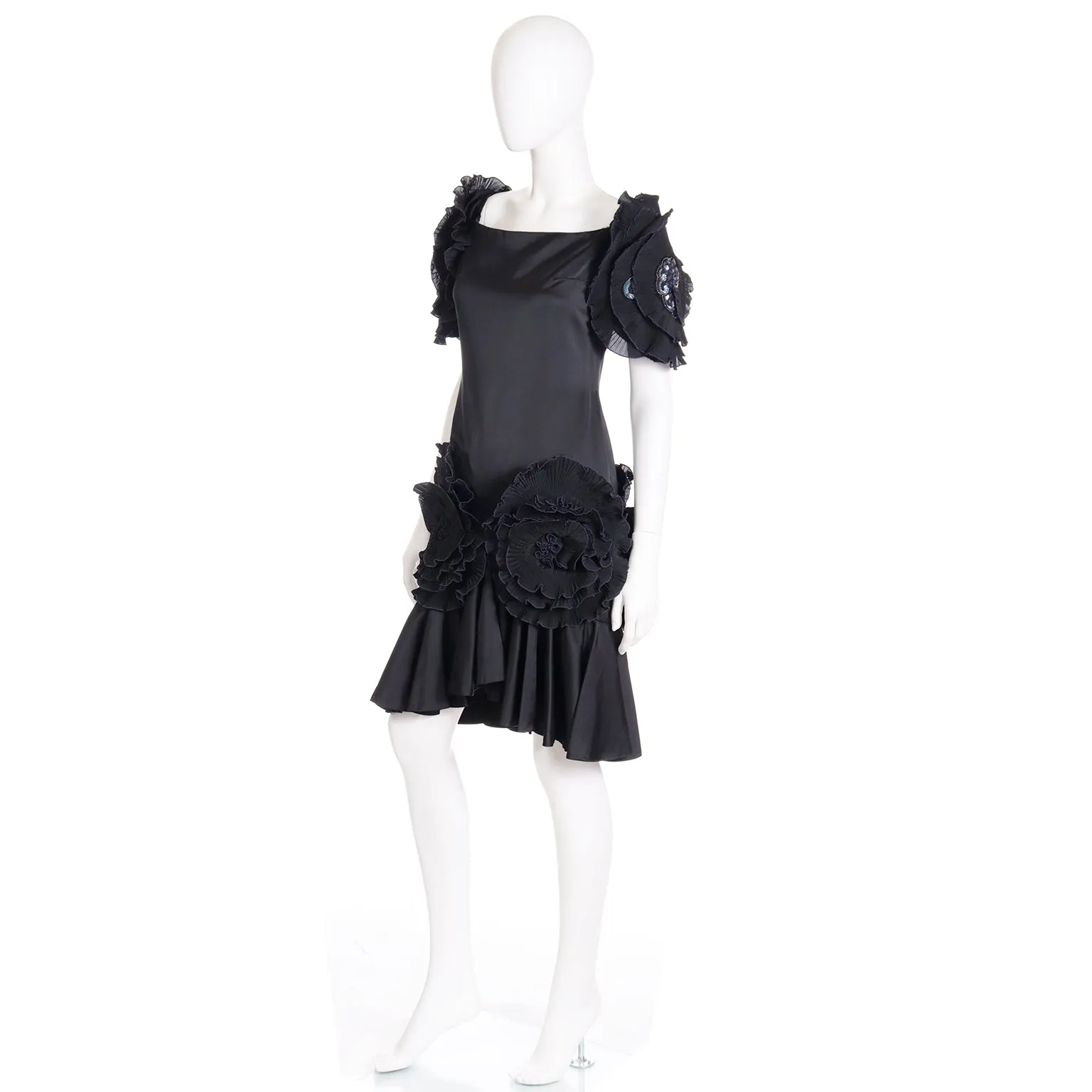 1980s Zandra Rhodes London Vintage Black Silk Blend Evening Dress