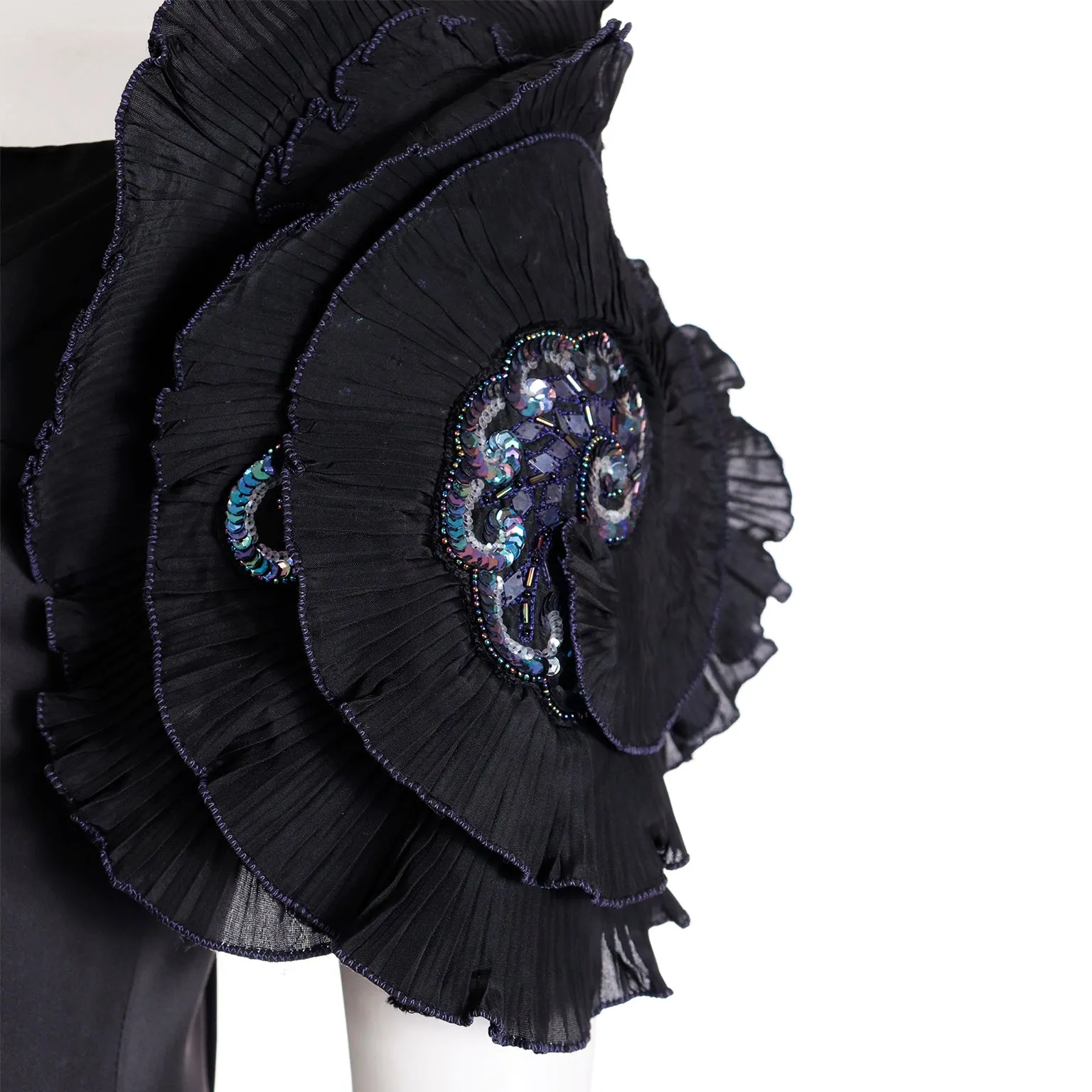 1980s Zandra Rhodes London Vintage Black Silk Blend Evening Dress
