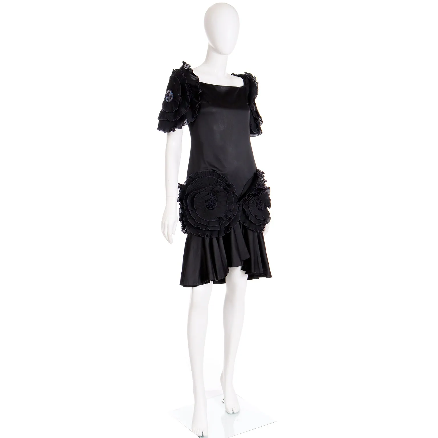 1980s Zandra Rhodes London Vintage Black Silk Blend Evening Dress