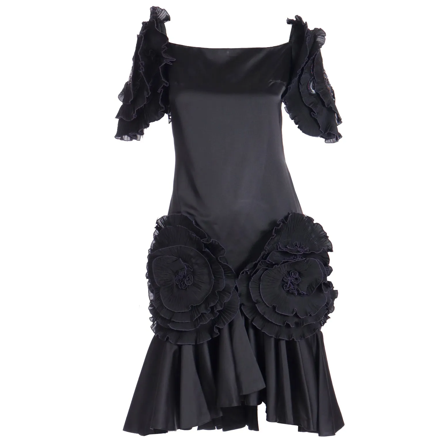 1980s Zandra Rhodes London Vintage Black Silk Blend Evening Dress