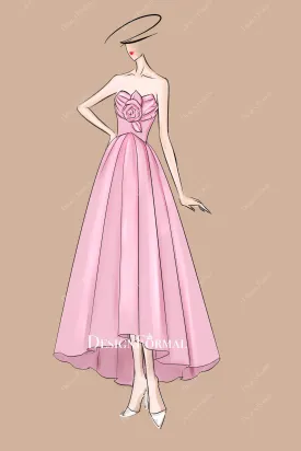 3D Flower Strapless Pink Taffeta High-low Wedding Guest Dress Sketch