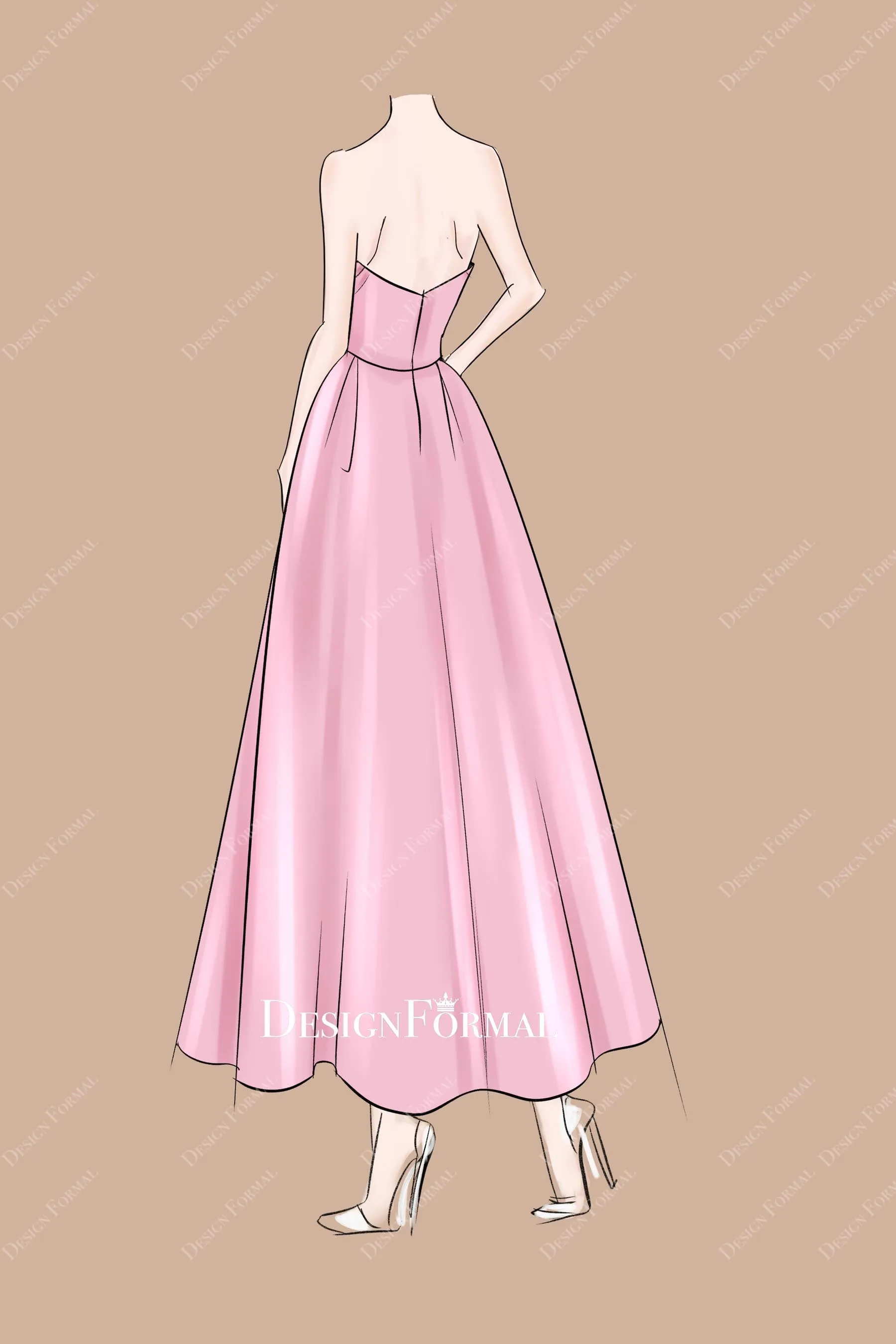 3D Flower Strapless Pink Taffeta High-low Wedding Guest Dress Sketch