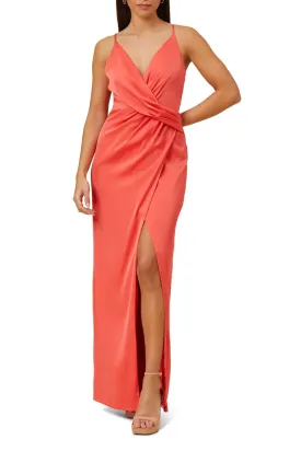 Aidan Mattox V-Neck Sleeveless Draped Front Slit Front Solid Zipper Back Satin Dress