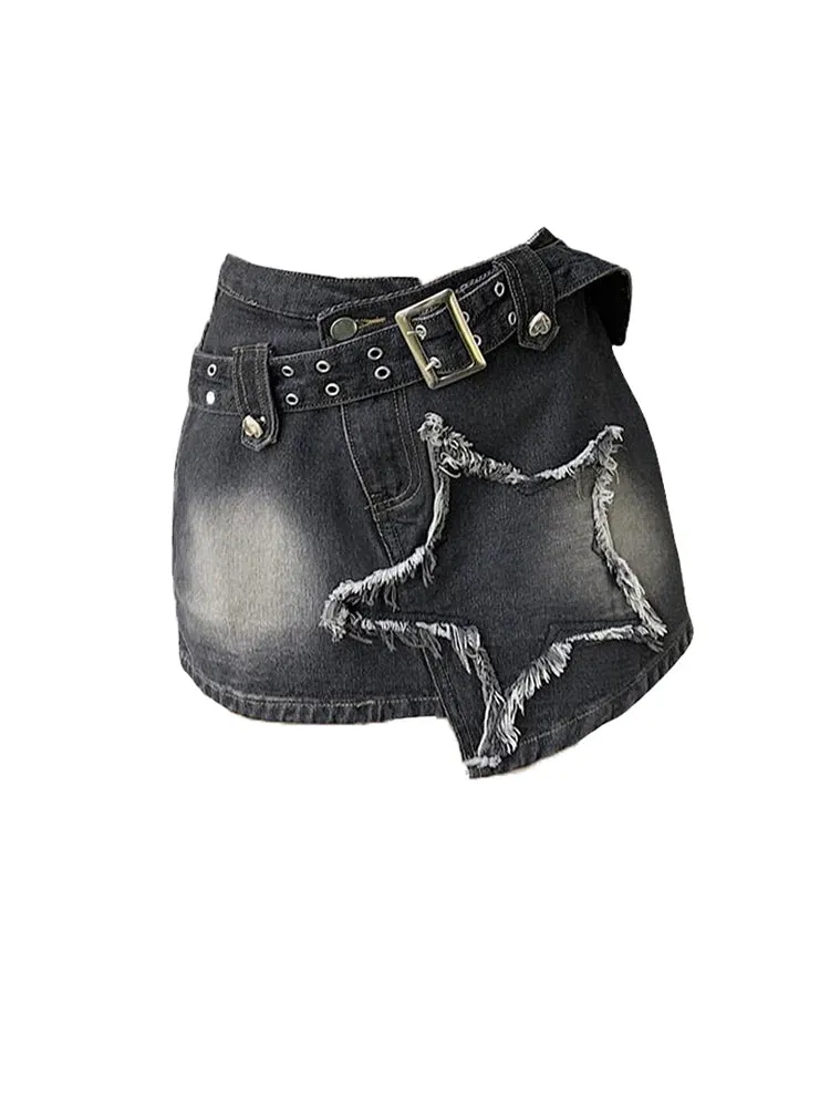 Aiertu Women Black Gothic Denim Skirts Harajuku A-Line Mini Jean Skirt Vintage Y2k Aesthetic Oversize Skirt 2000s Trashy Clothes Summer