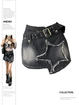 Aiertu Women Black Gothic Denim Skirts Harajuku A-Line Mini Jean Skirt Vintage Y2k Aesthetic Oversize Skirt 2000s Trashy Clothes Summer