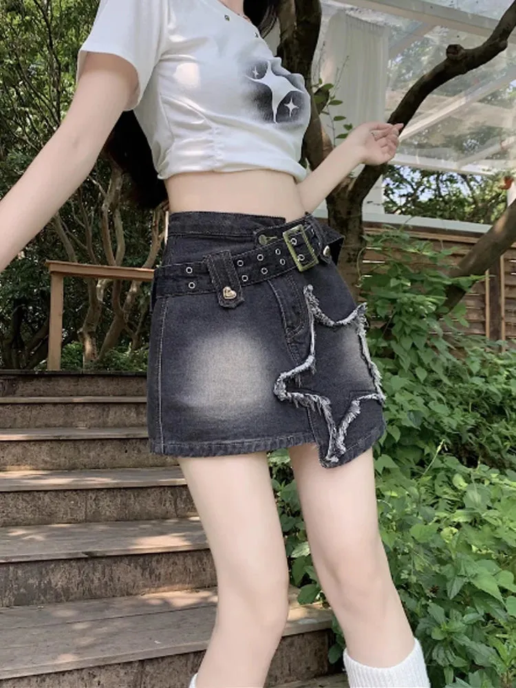 Aiertu Women Black Gothic Denim Skirts Harajuku A-Line Mini Jean Skirt Vintage Y2k Aesthetic Oversize Skirt 2000s Trashy Clothes Summer