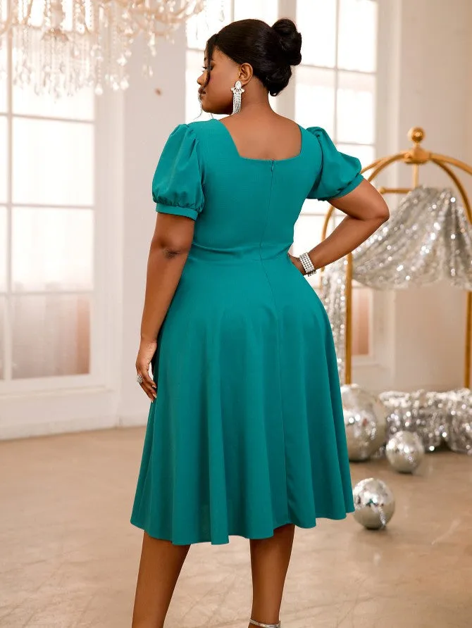 AOMEIDRESS V Neck Short Lantern Sleeves Bows High Waist A Line Dress