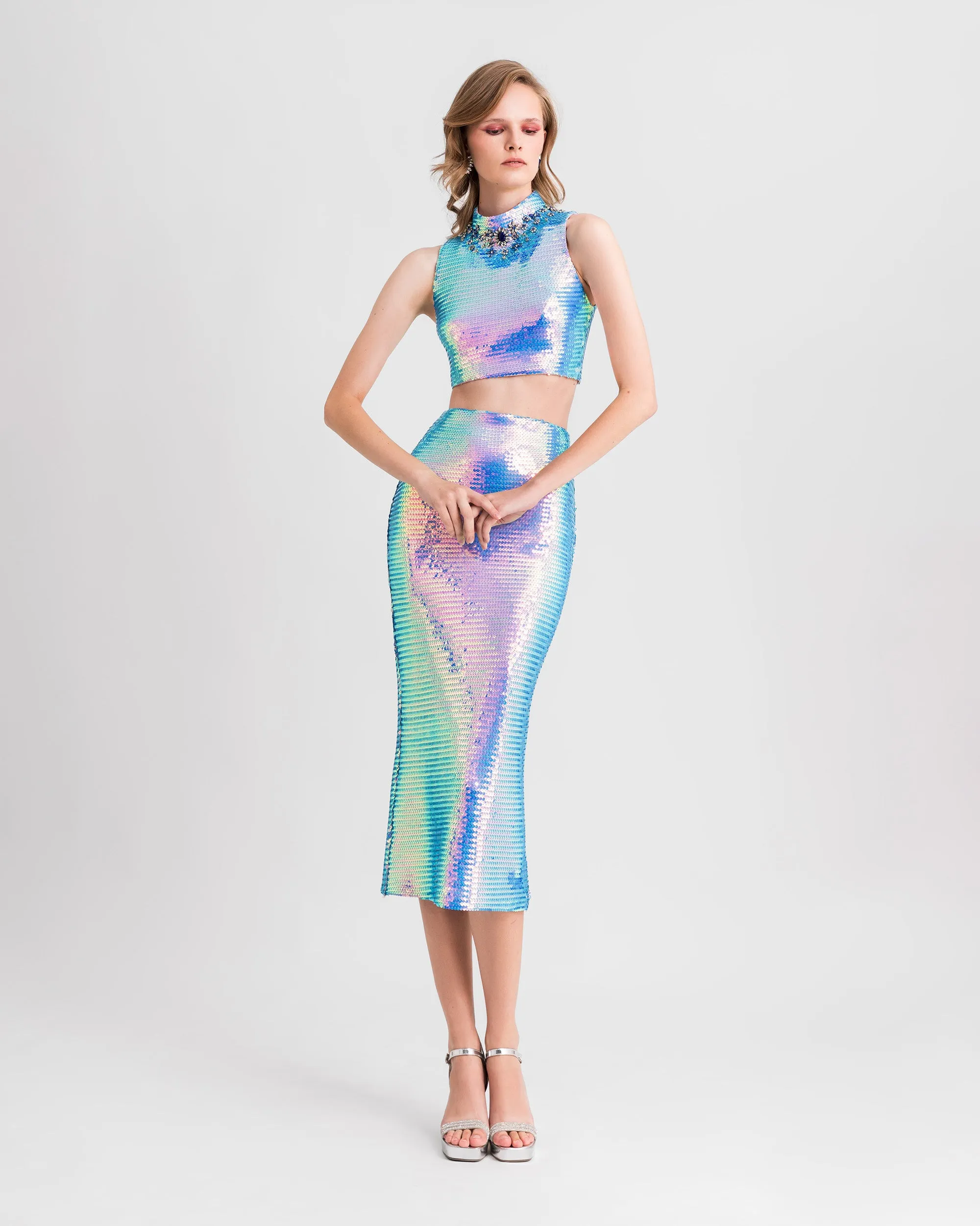 Beaded Collar Top With Pencil Skirt