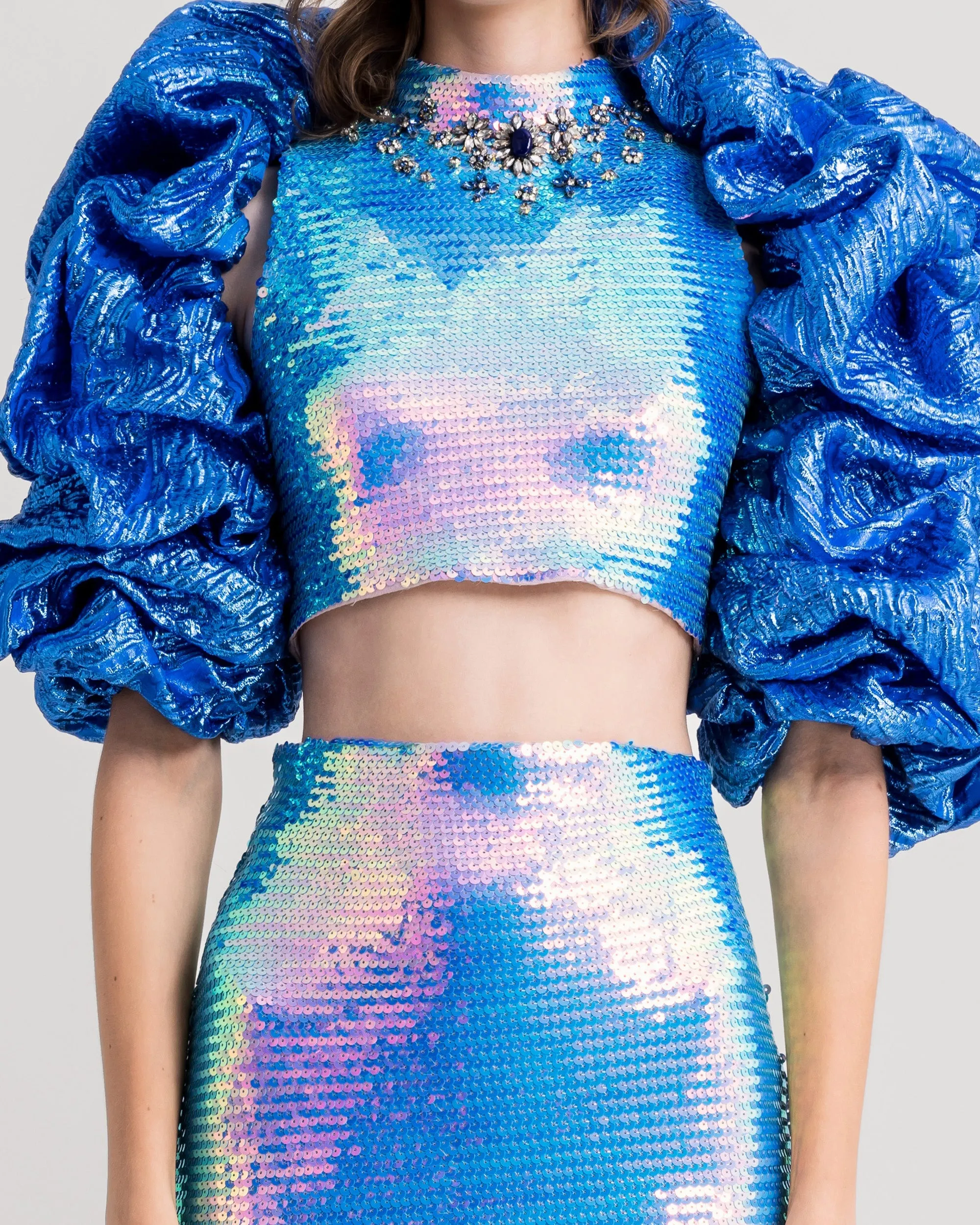 Beaded Collar Top With Pencil Skirt