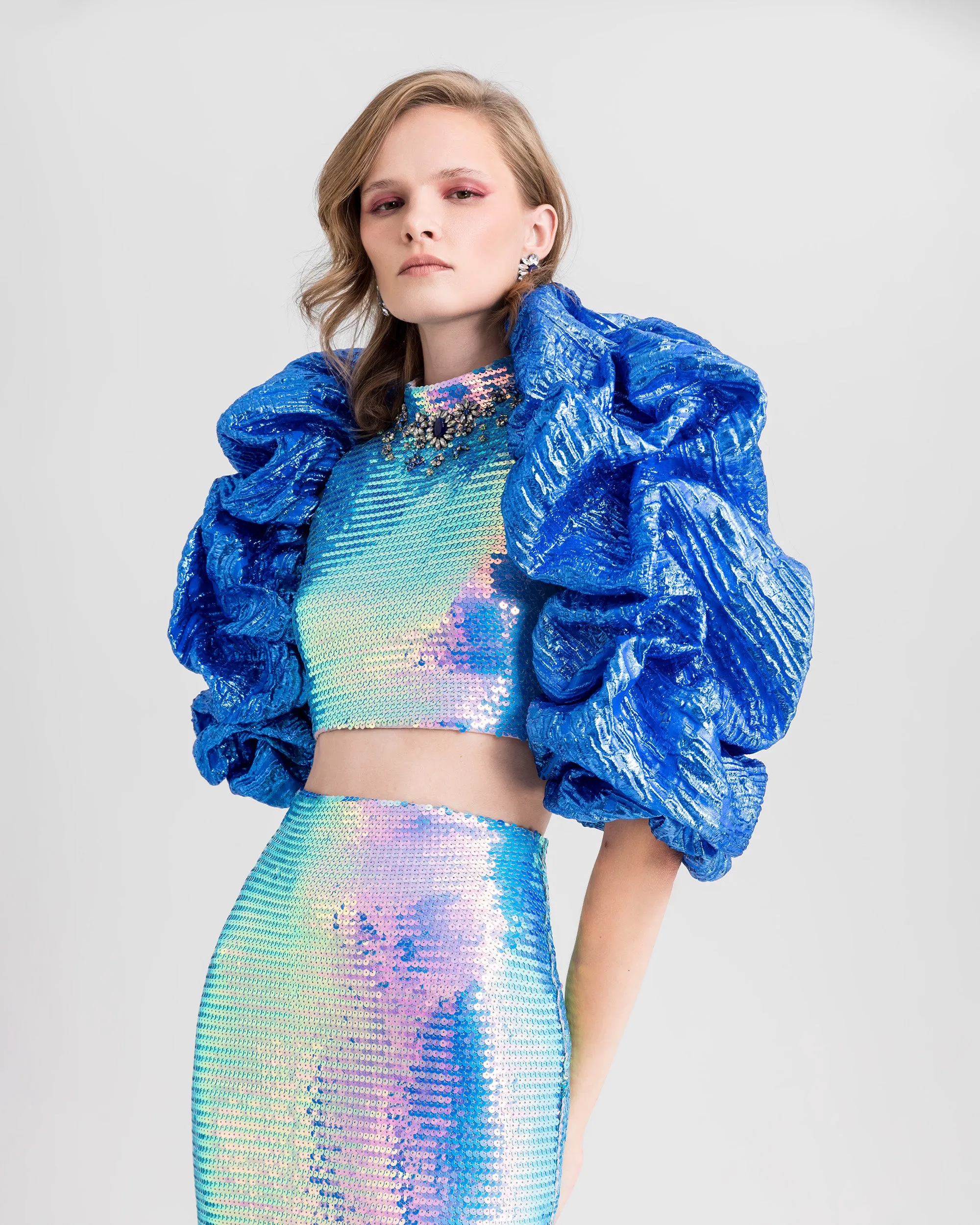 Beaded Collar Top With Pencil Skirt