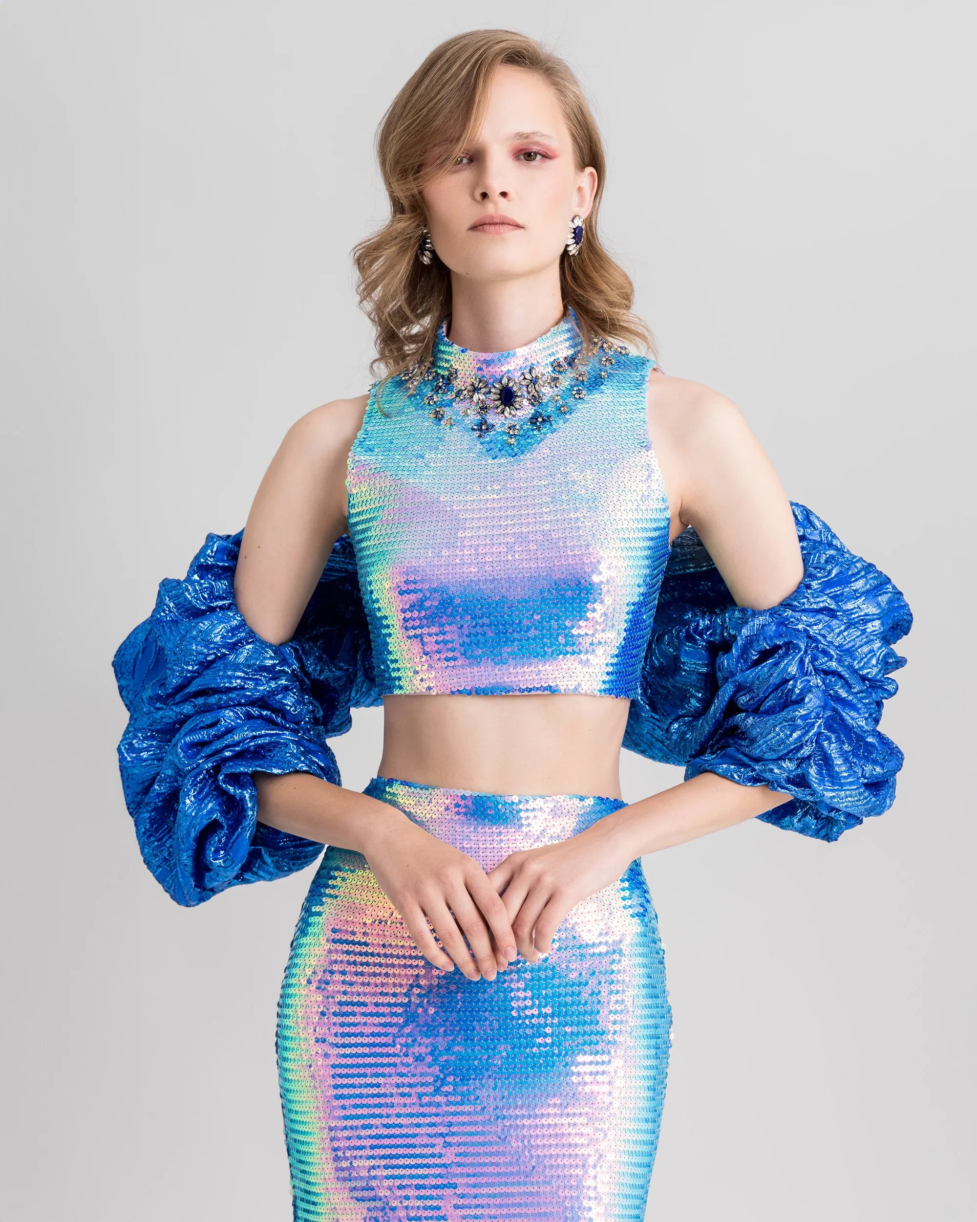 Beaded Collar Top With Pencil Skirt