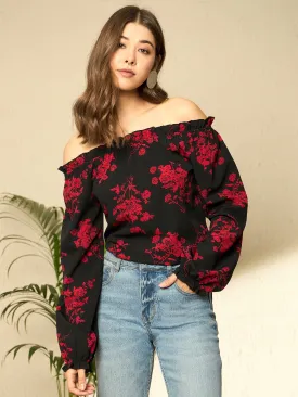 Berrylush Women Black Floral Printed Off-Shoulder Sleeveless Regular Top
