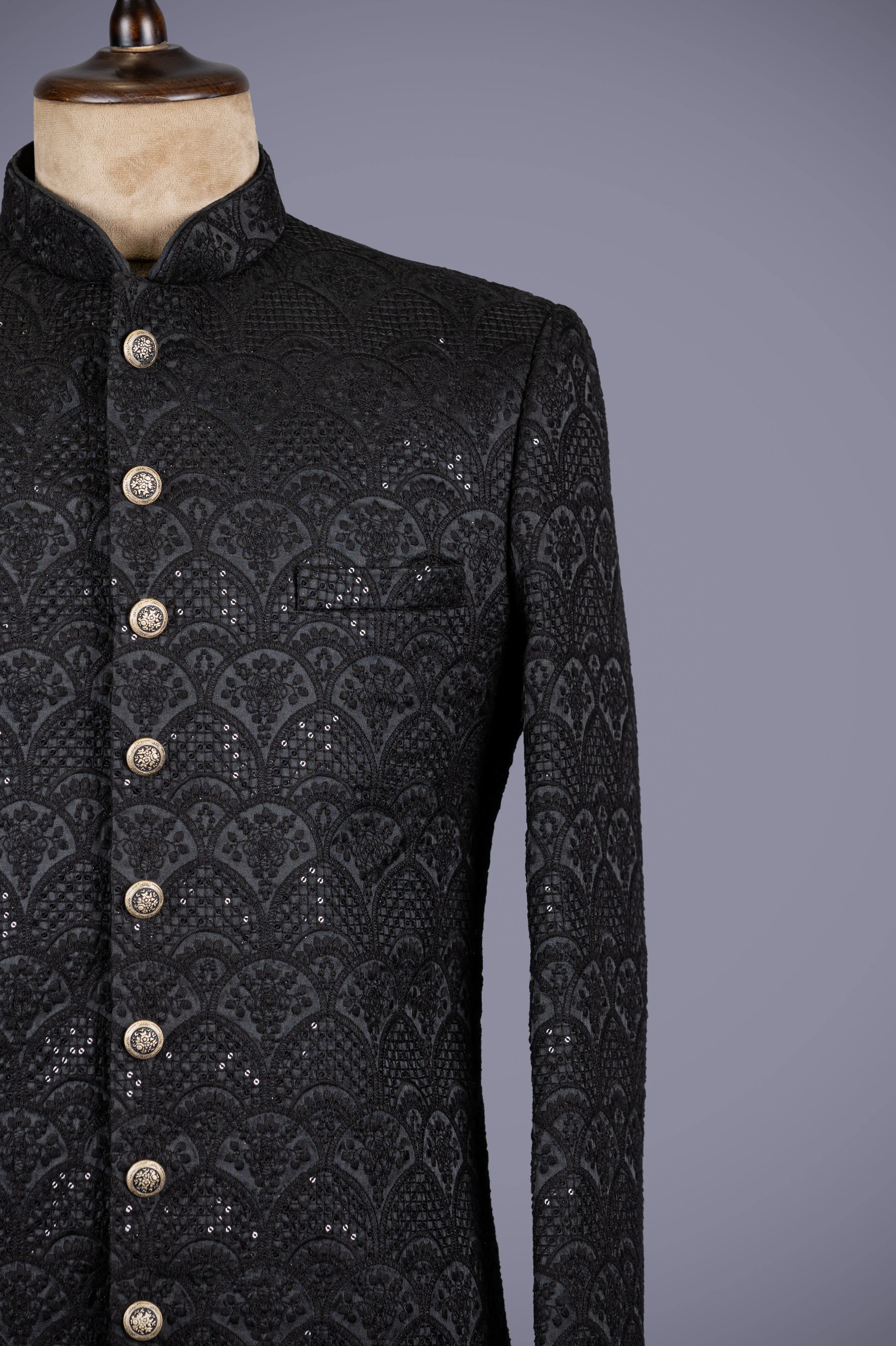 Black Lakhnavi Indo Western Sherwani with Zari Work