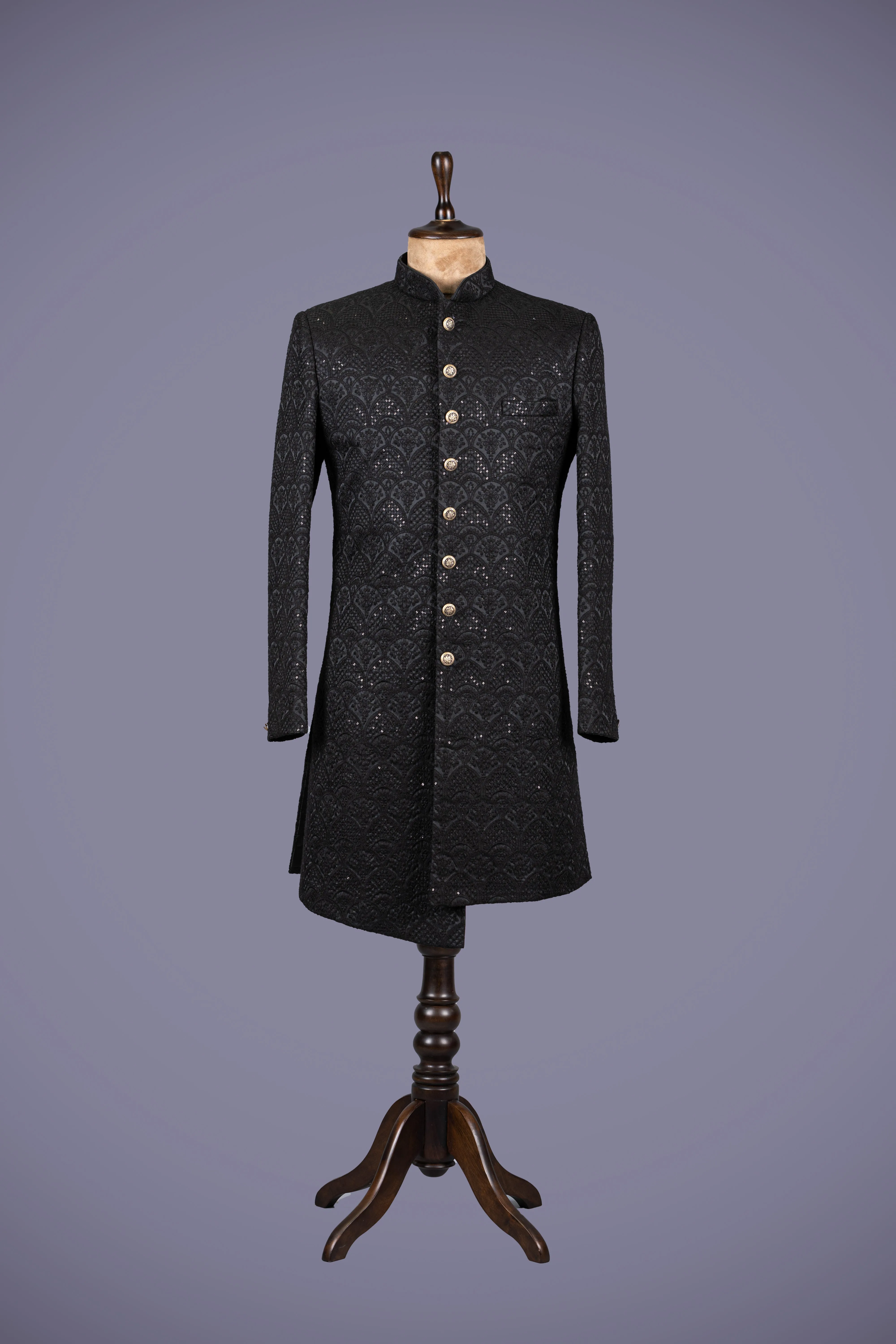 Black Lakhnavi Indo Western Sherwani with Zari Work