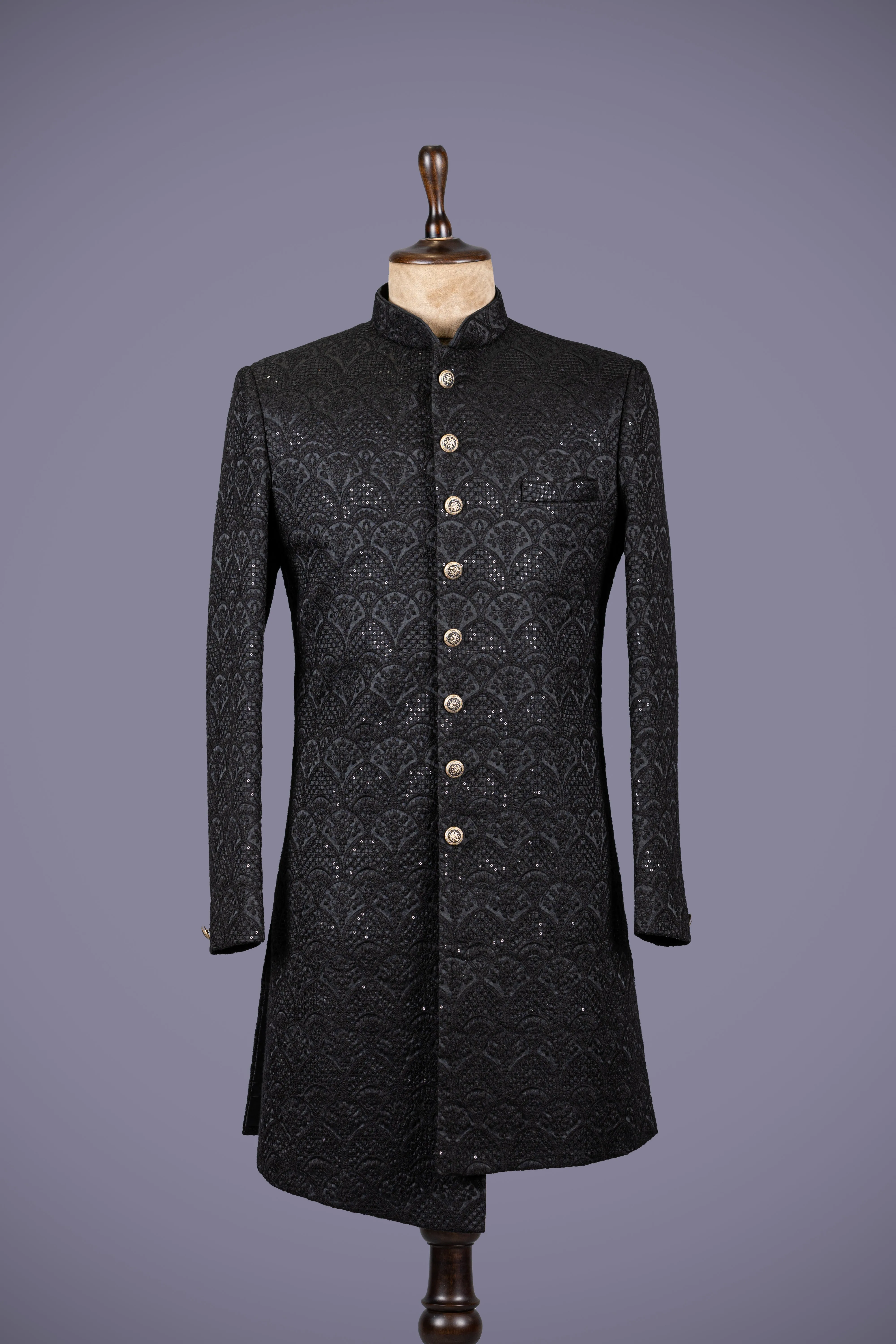 Black Lakhnavi Indo Western Sherwani with Zari Work