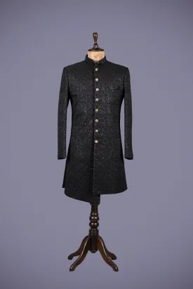 Black Lakhnavi Indo Western Sherwani with Zari Work