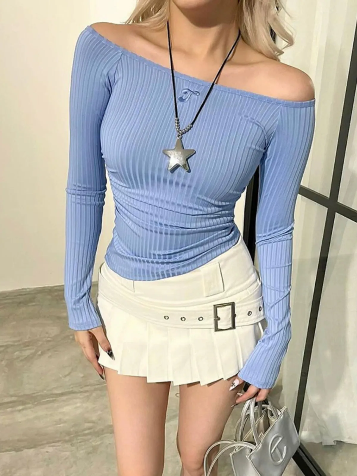 Blue White off-Shoulder Fall Slim Fit Long Sleeves Tops