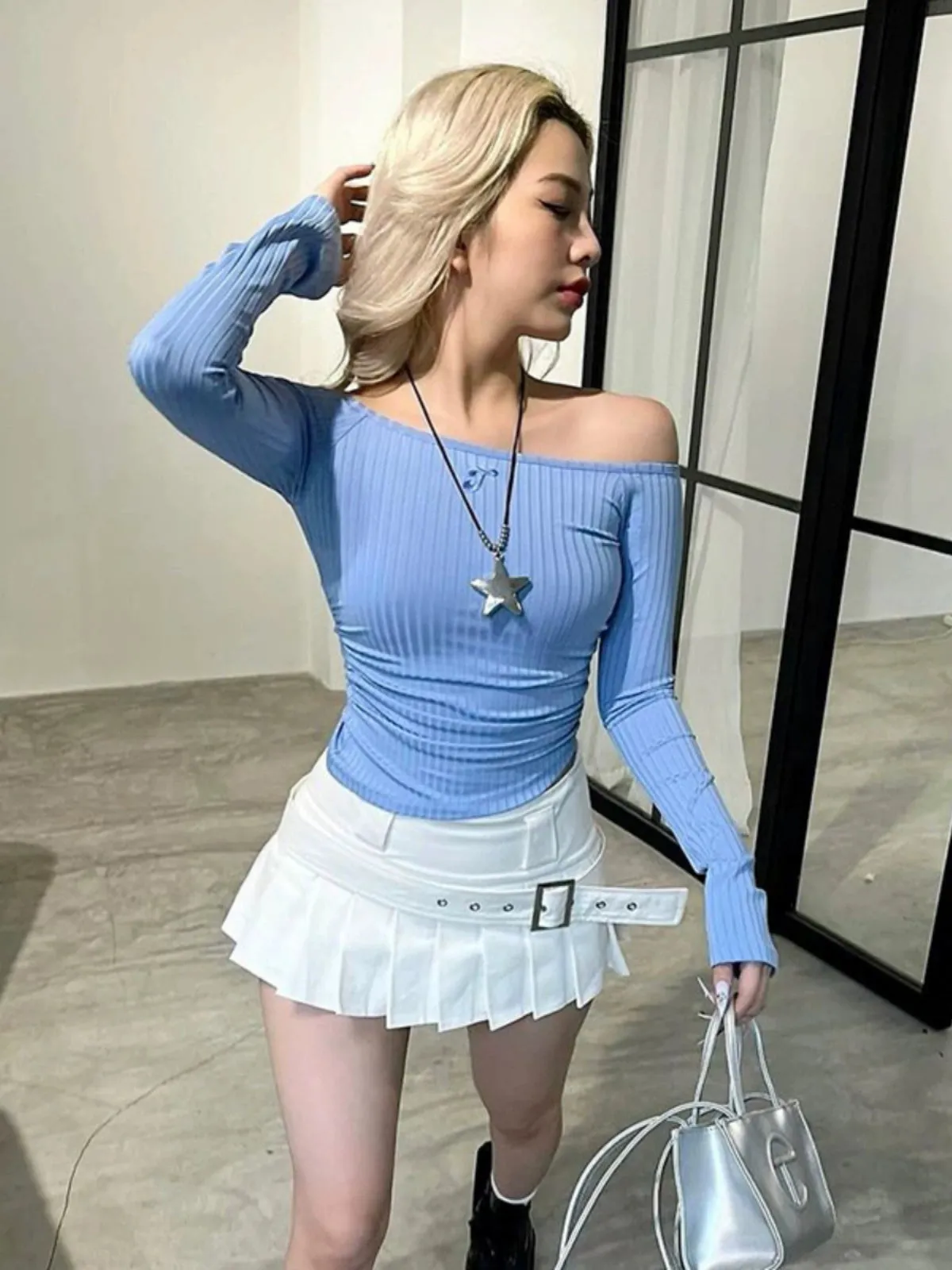 Blue White off-Shoulder Fall Slim Fit Long Sleeves Tops