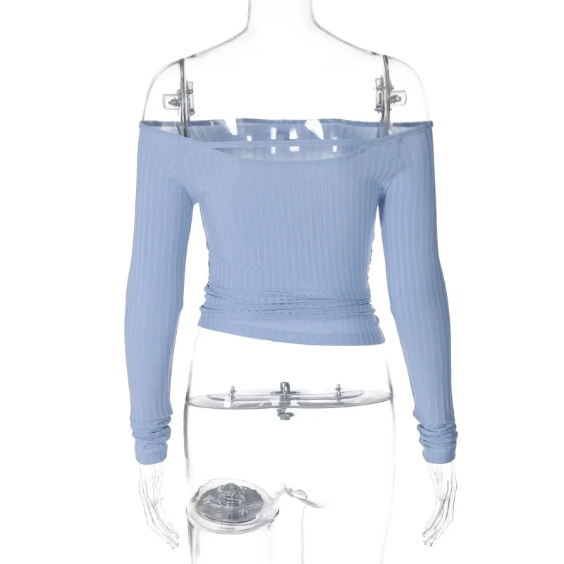 Blue White off-Shoulder Fall Slim Fit Long Sleeves Tops