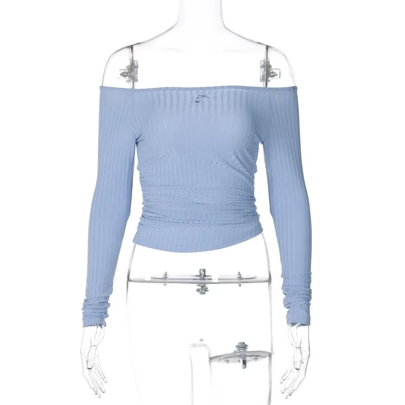 Blue White off-Shoulder Fall Slim Fit Long Sleeves Tops
