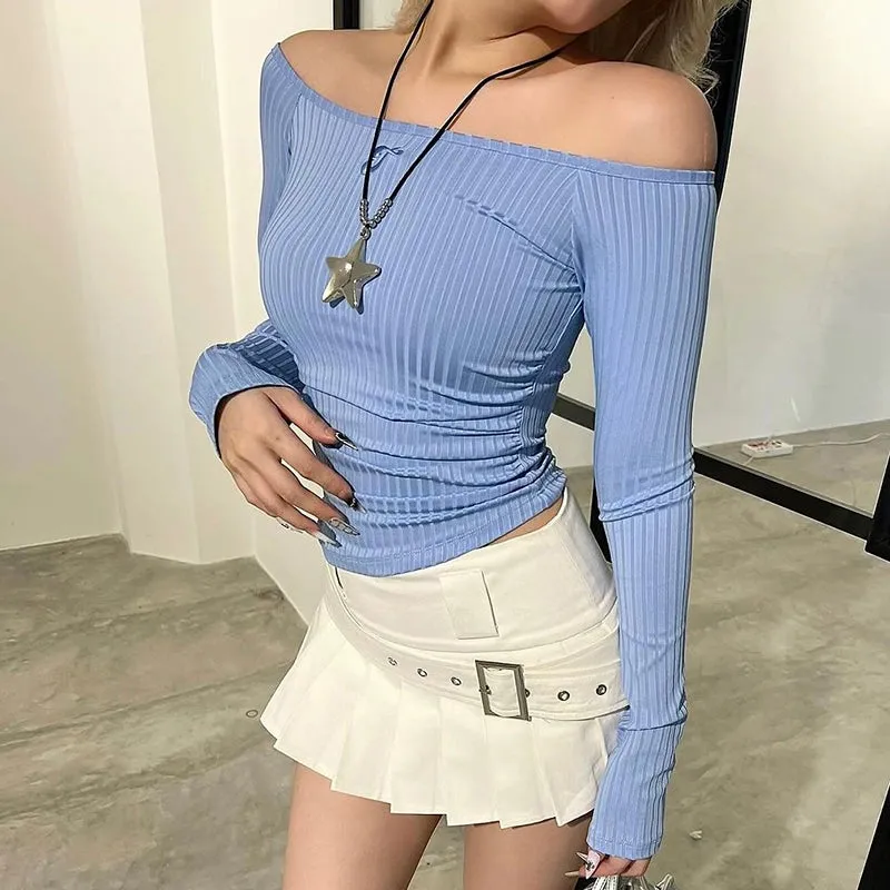 Blue White off-Shoulder Fall Slim Fit Long Sleeves Tops