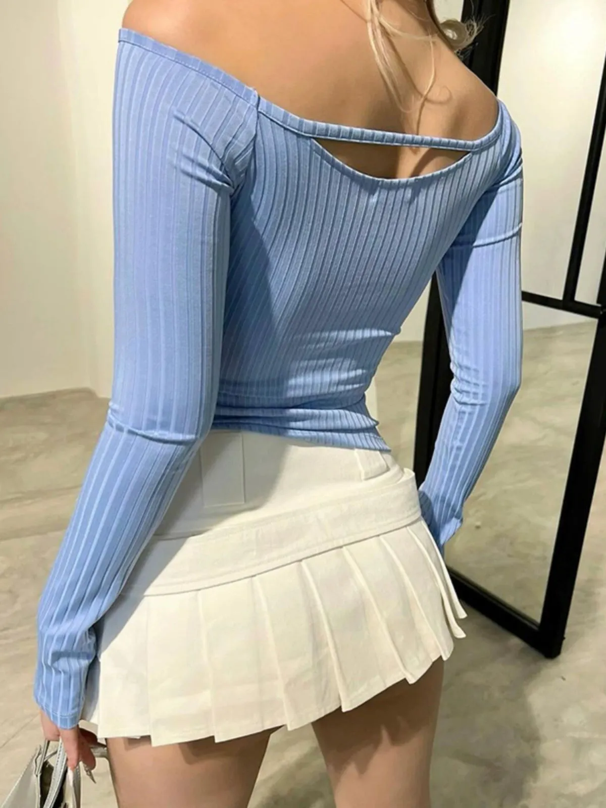 Blue White off-Shoulder Fall Slim Fit Long Sleeves Tops