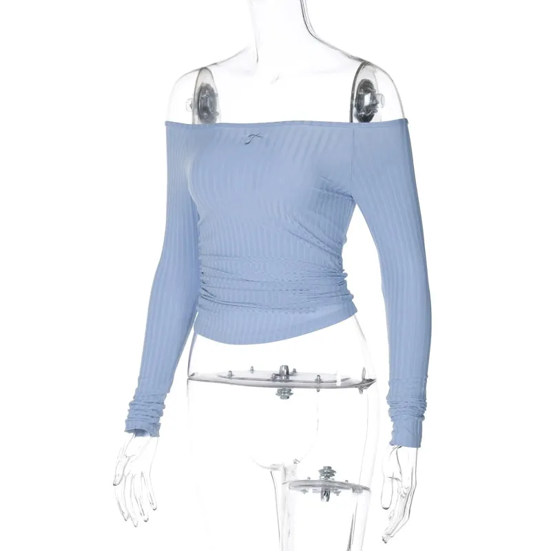 Blue White off-Shoulder Fall Slim Fit Long Sleeves Tops