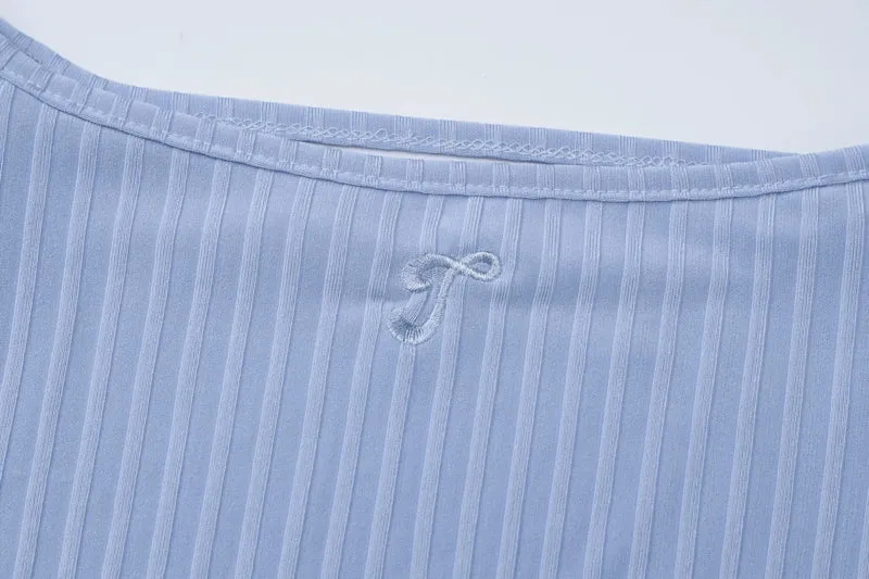 Blue White off-Shoulder Fall Slim Fit Long Sleeves Tops
