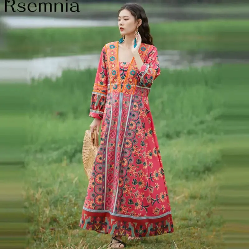 Bohemian ethnic style dress embroidered seaside travel long beach dress