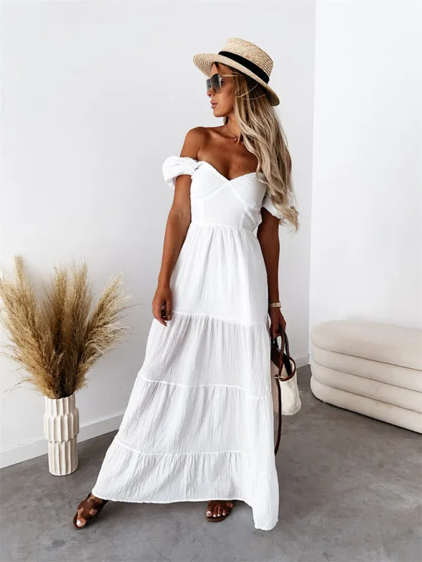 Boho and Trendy Short-Sleeved off-the-shoulder Sexy Backless strappy High-Waisted Dress