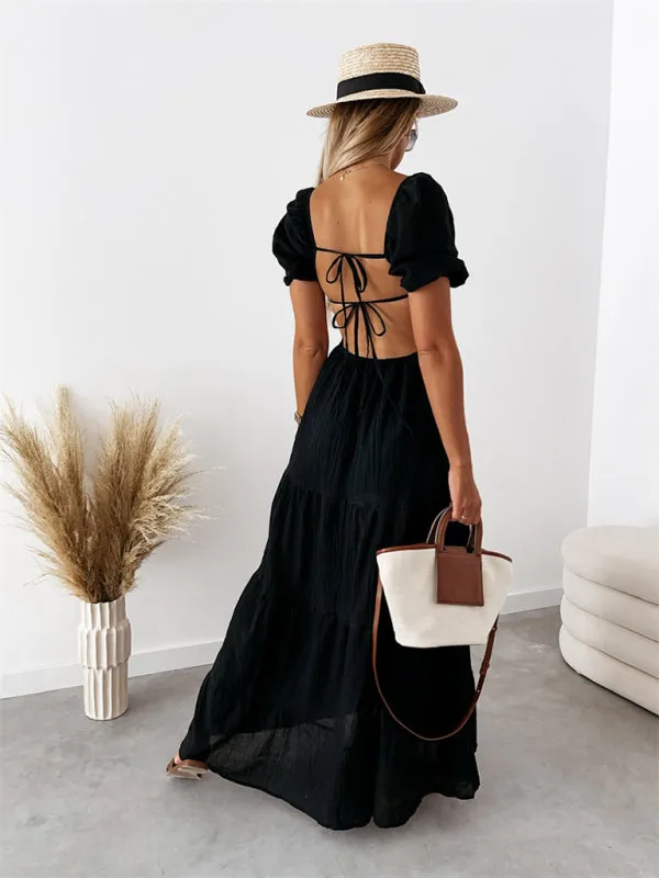 Boho and Trendy Short-Sleeved off-the-shoulder Sexy Backless strappy High-Waisted Dress