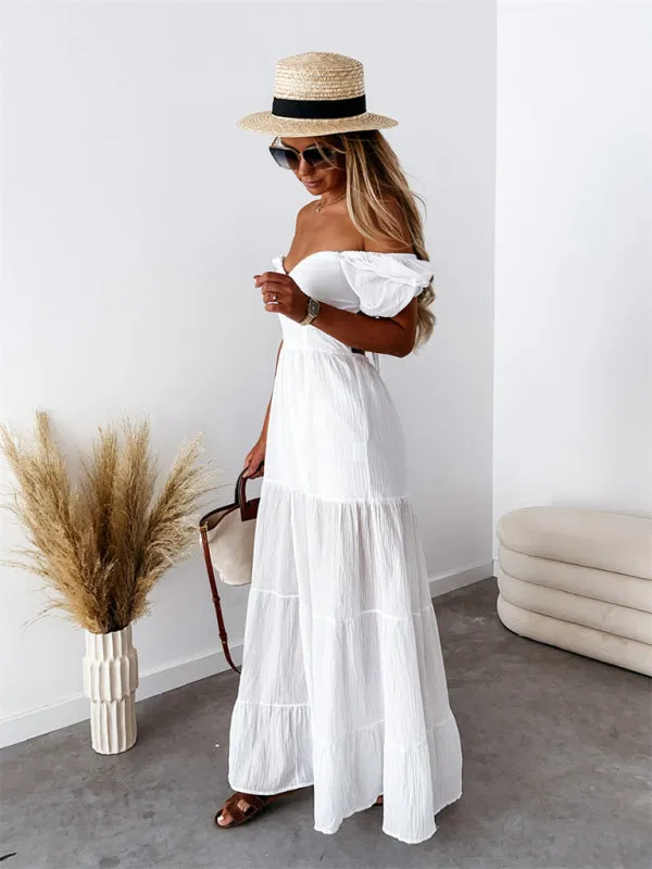 Boho and Trendy Short-Sleeved off-the-shoulder Sexy Backless strappy High-Waisted Dress