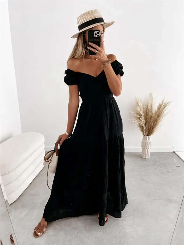Boho and Trendy Short-Sleeved off-the-shoulder Sexy Backless strappy High-Waisted Dress