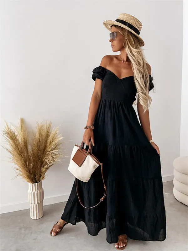 Boho and Trendy Short-Sleeved off-the-shoulder Sexy Backless strappy High-Waisted Dress
