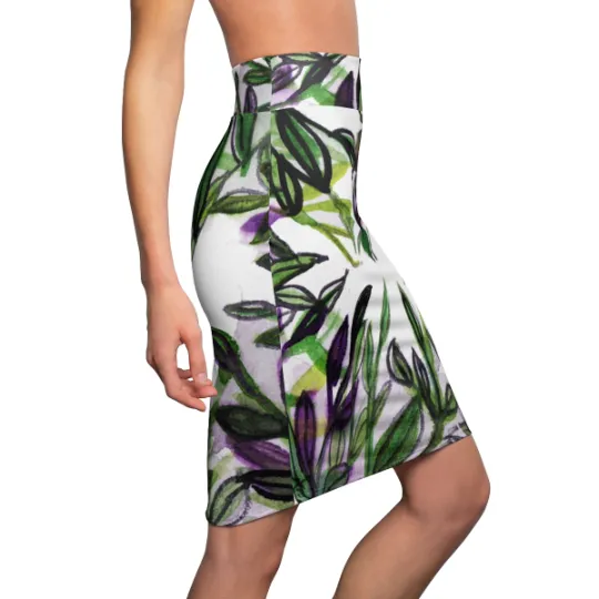 Boho Pencil Skirt, Tropical Green Leaves Women's Designer Pencil Skirt - Made in USA (XS-2XL)