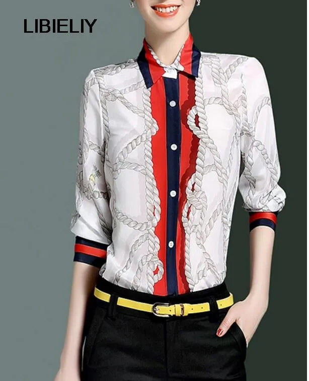 Color Block Top Blue Nice Spring Silk Print Color Block Formal Elegant Collar