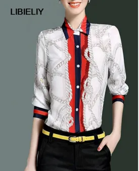 Color Block Top Blue Nice Spring Silk Print Color Block Formal Elegant Collar
