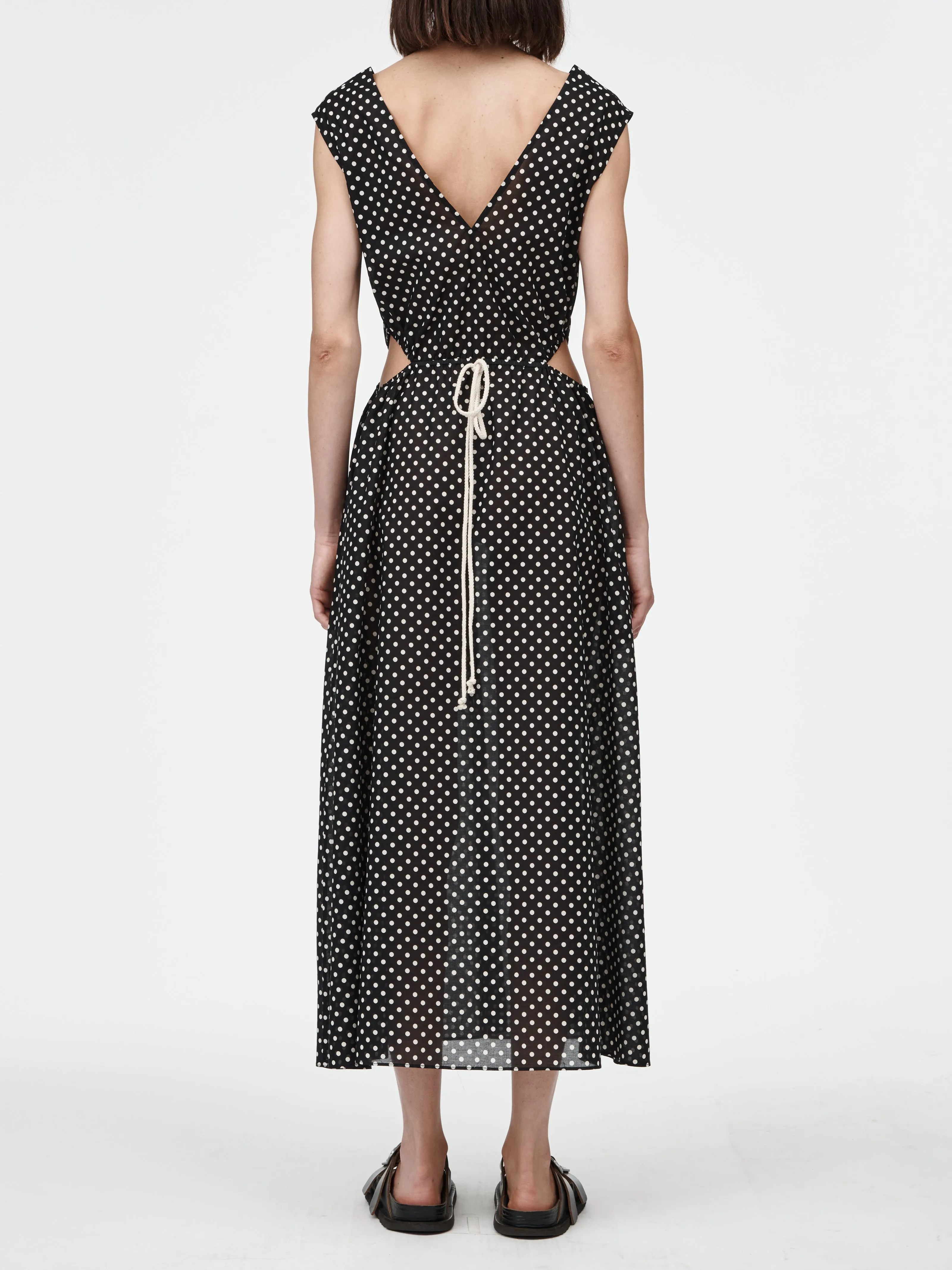 Drawstring Cut Out Dress in Black & Ivory Polkadot