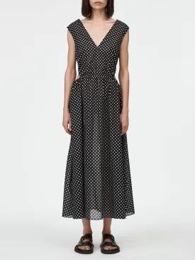 Drawstring Cut Out Dress in Black & Ivory Polkadot