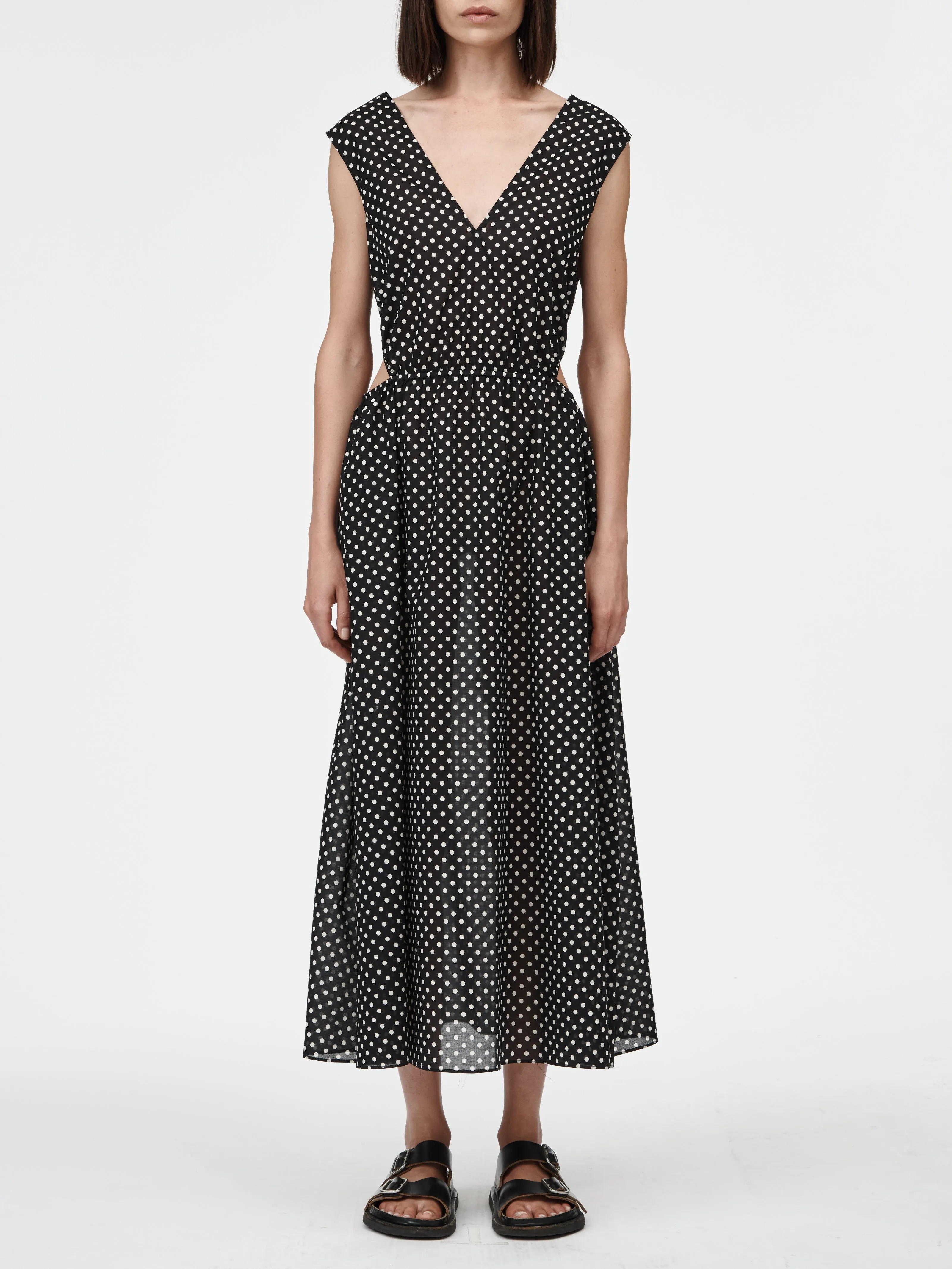 Drawstring Cut Out Dress in Black & Ivory Polkadot
