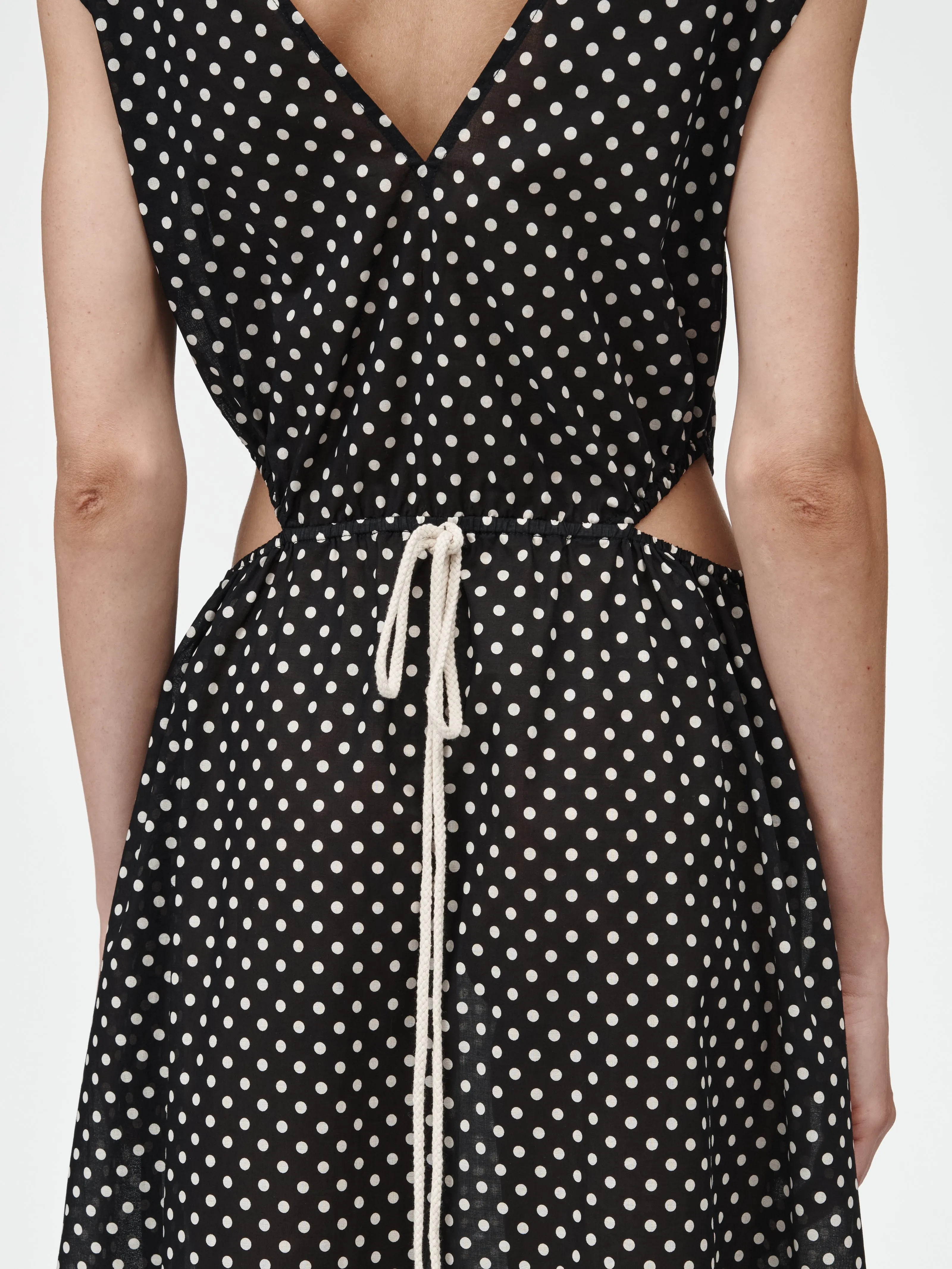 Drawstring Cut Out Dress in Black & Ivory Polkadot