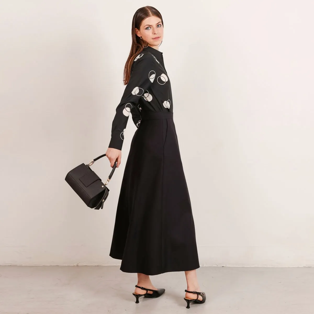 Flow Long A-Line Wool Skirt Black